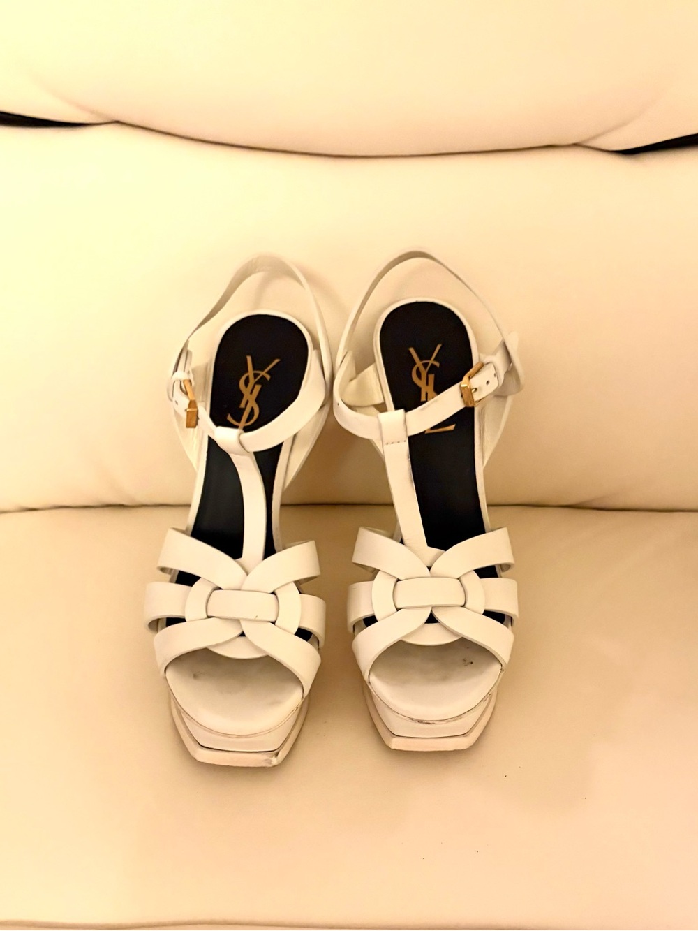 Saint Laurent White Leather Woven T-Strap Platform Sandals - Picture 7 of 10